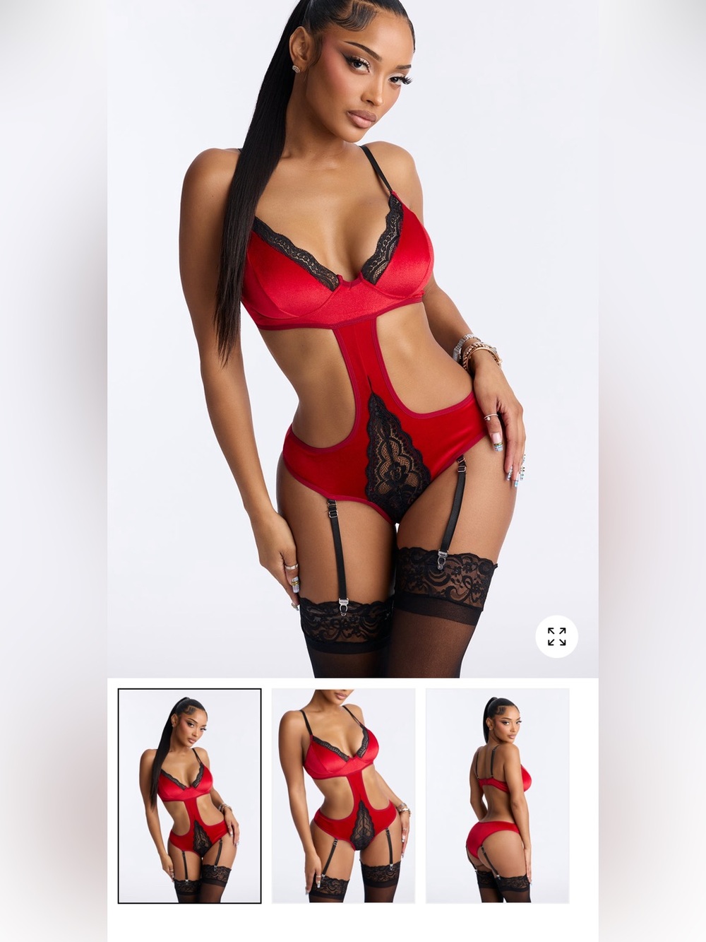 Red Lace-Trim Cutout Teddy Bodysuit with Garter